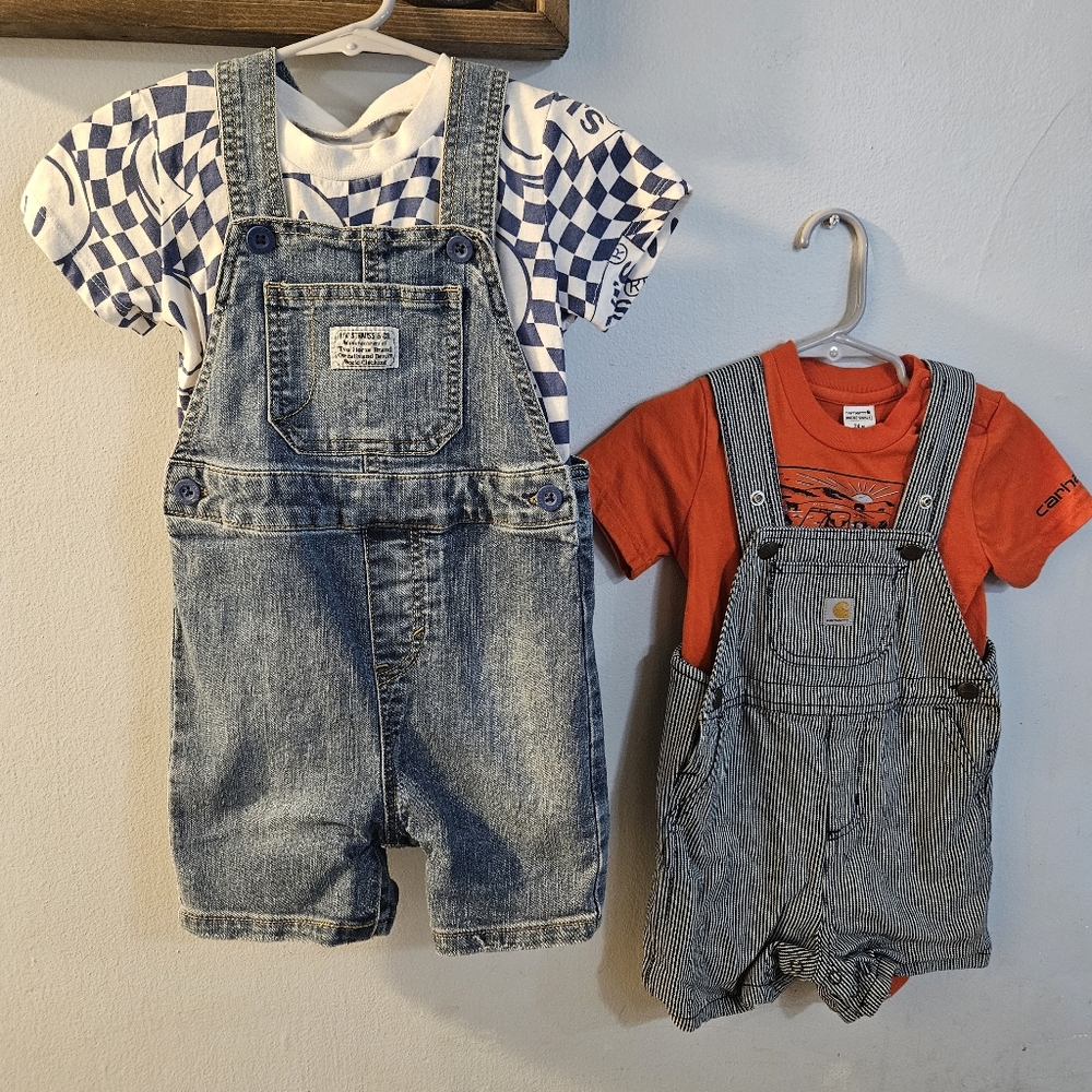 Carhartt White and Blue Striped Overalls & Levi Checkered Smiley Size 24 Mo/ 2T